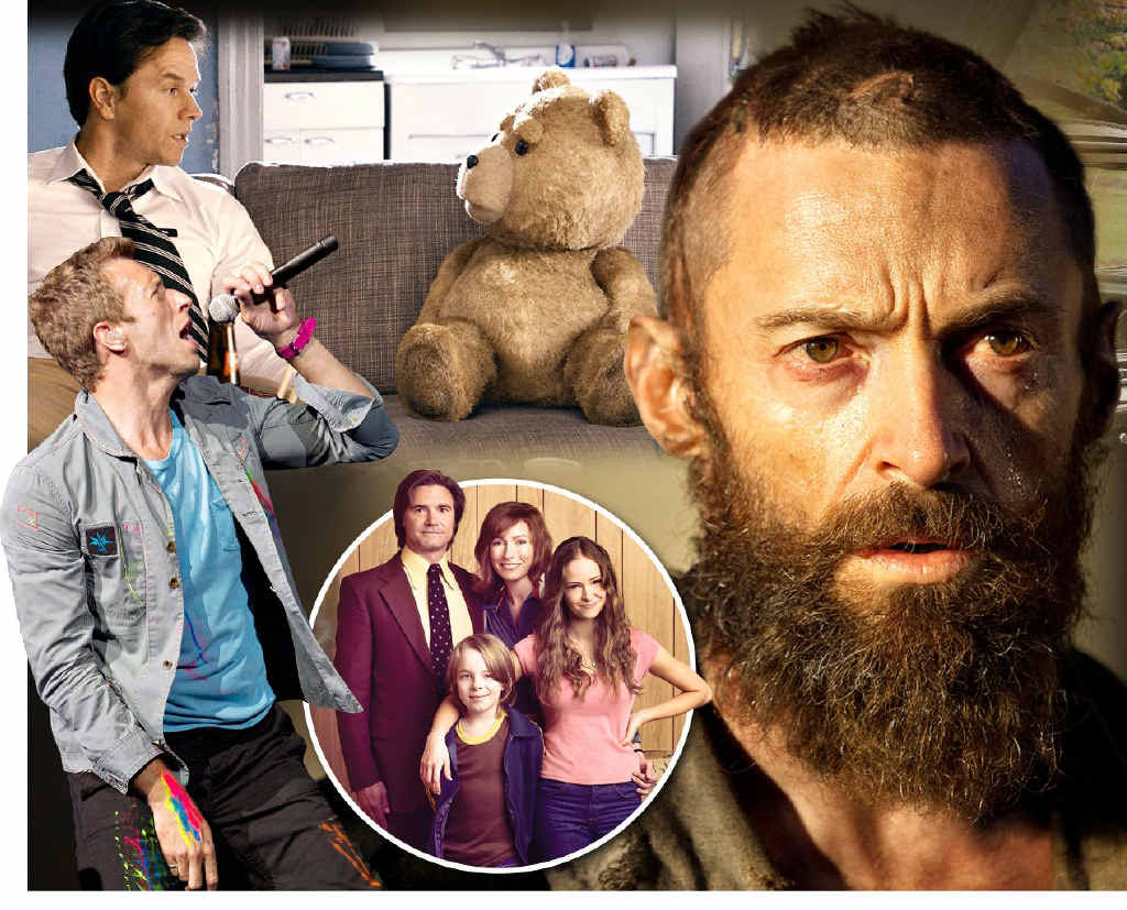 CLOCKWISE FROM TOP: Mark Wahlberg in Ted; Hugh Jackman in Les Miserables; TV’s big hit remake Puberty Blues; lead singer from Cold Play Chris Martin. CLOCKWISE FROM TOP: Mark Wahlberg in Ted; Hugh Jackman in Les Miserables; TV’s big hit remake Puberty Blues; lead singer from Cold Play Chris Martin.